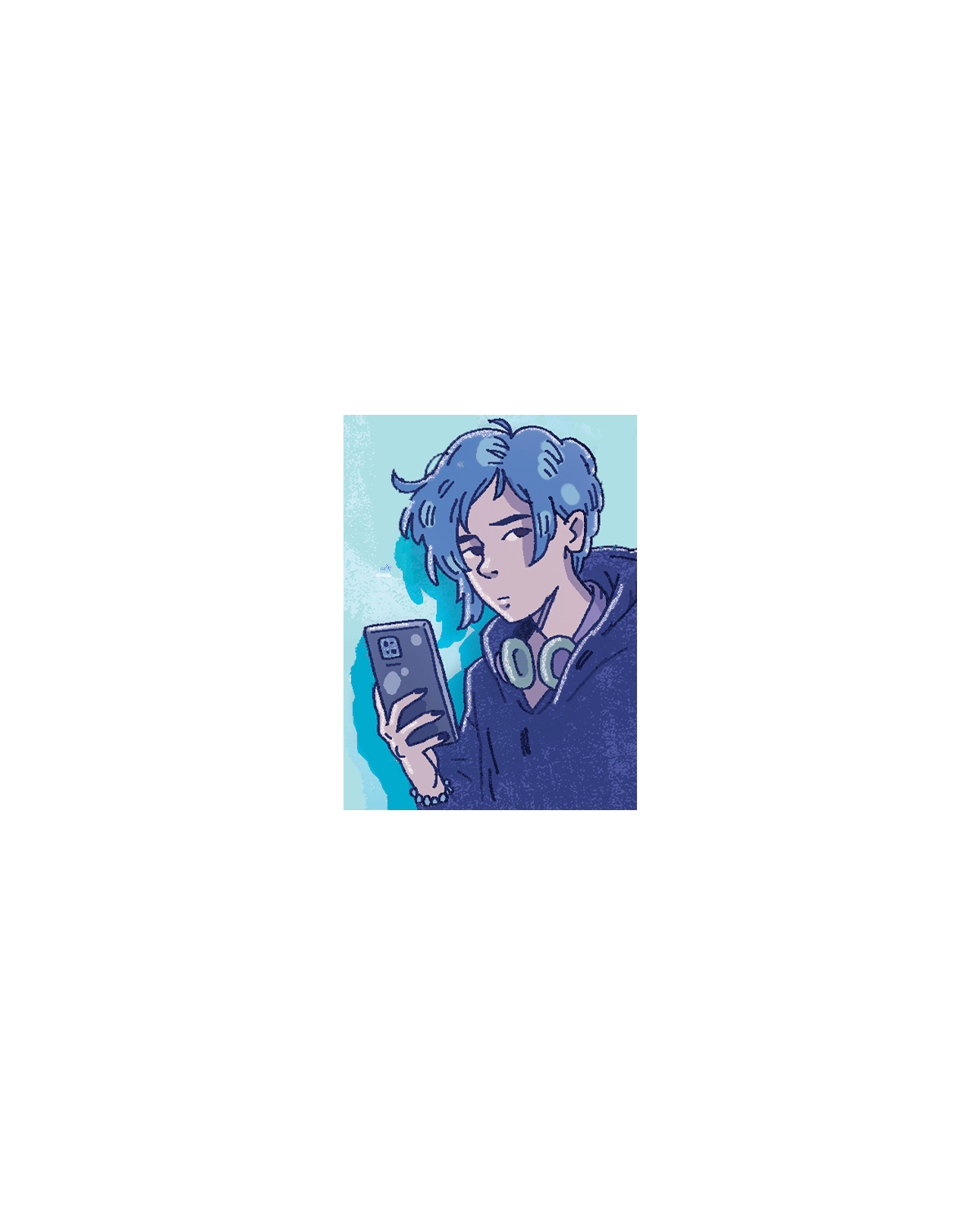Antoni, illustrated in glasses holding up a phone