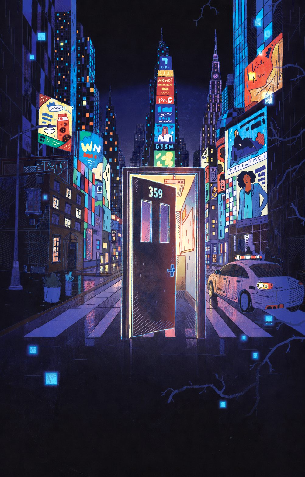 A glowing doorway numbered 359 opens onto a neon-lit NYC street at night