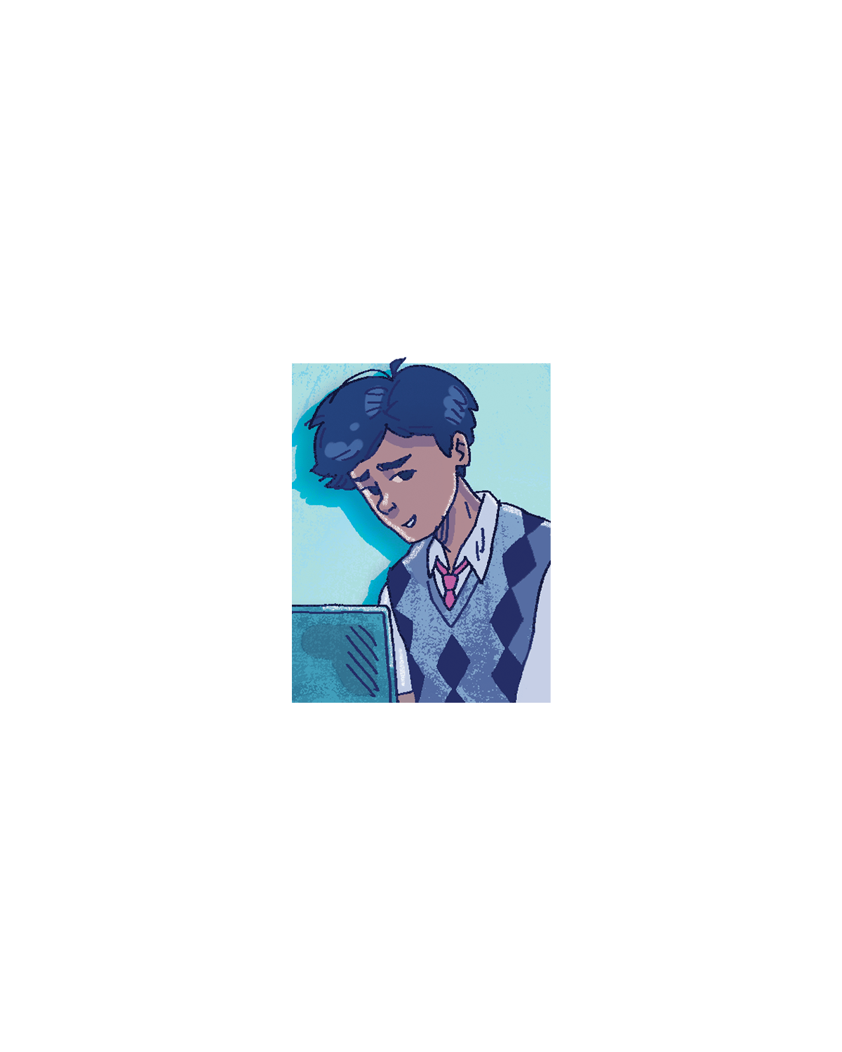 Dev, illustrated with blue hair holding a phone