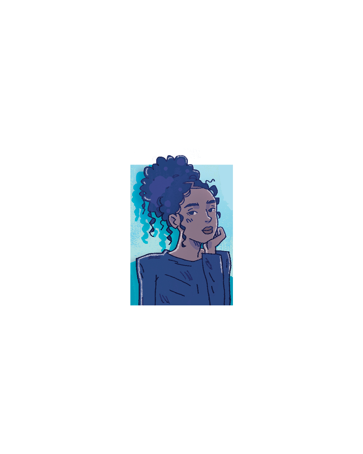 Nia, illustrated with curly hair, resting her chin on her hand