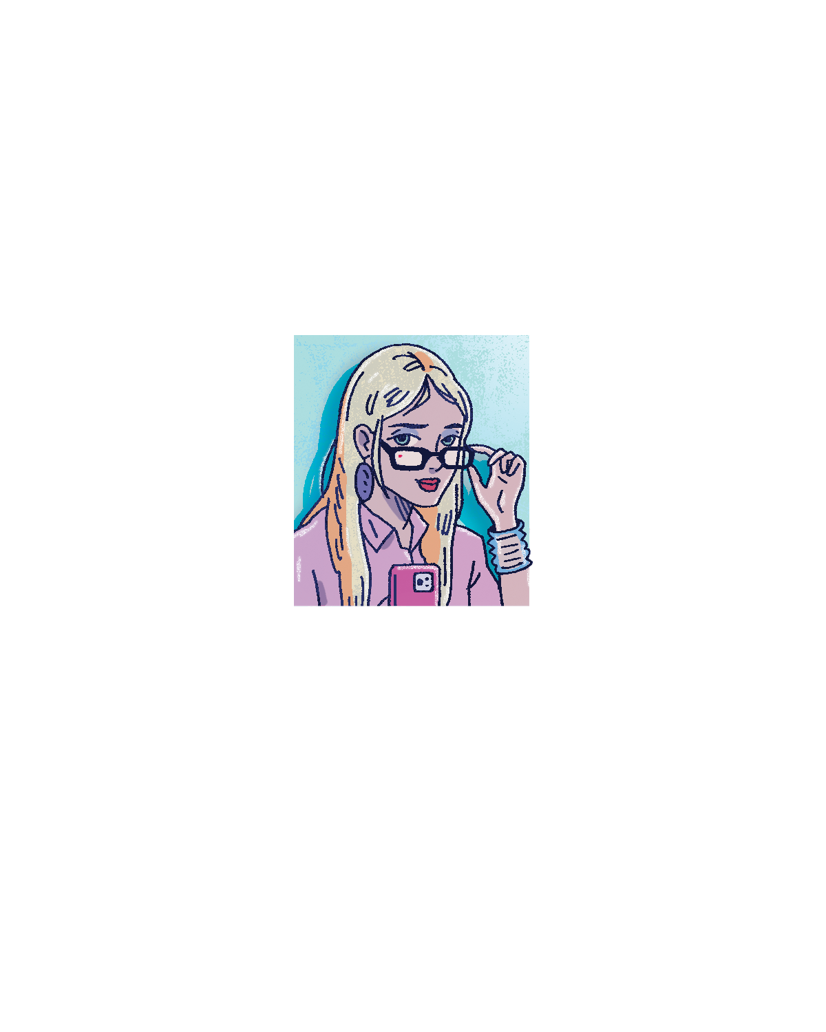 Patty, illustrated with a curly bob, glasses raised, holding a phone