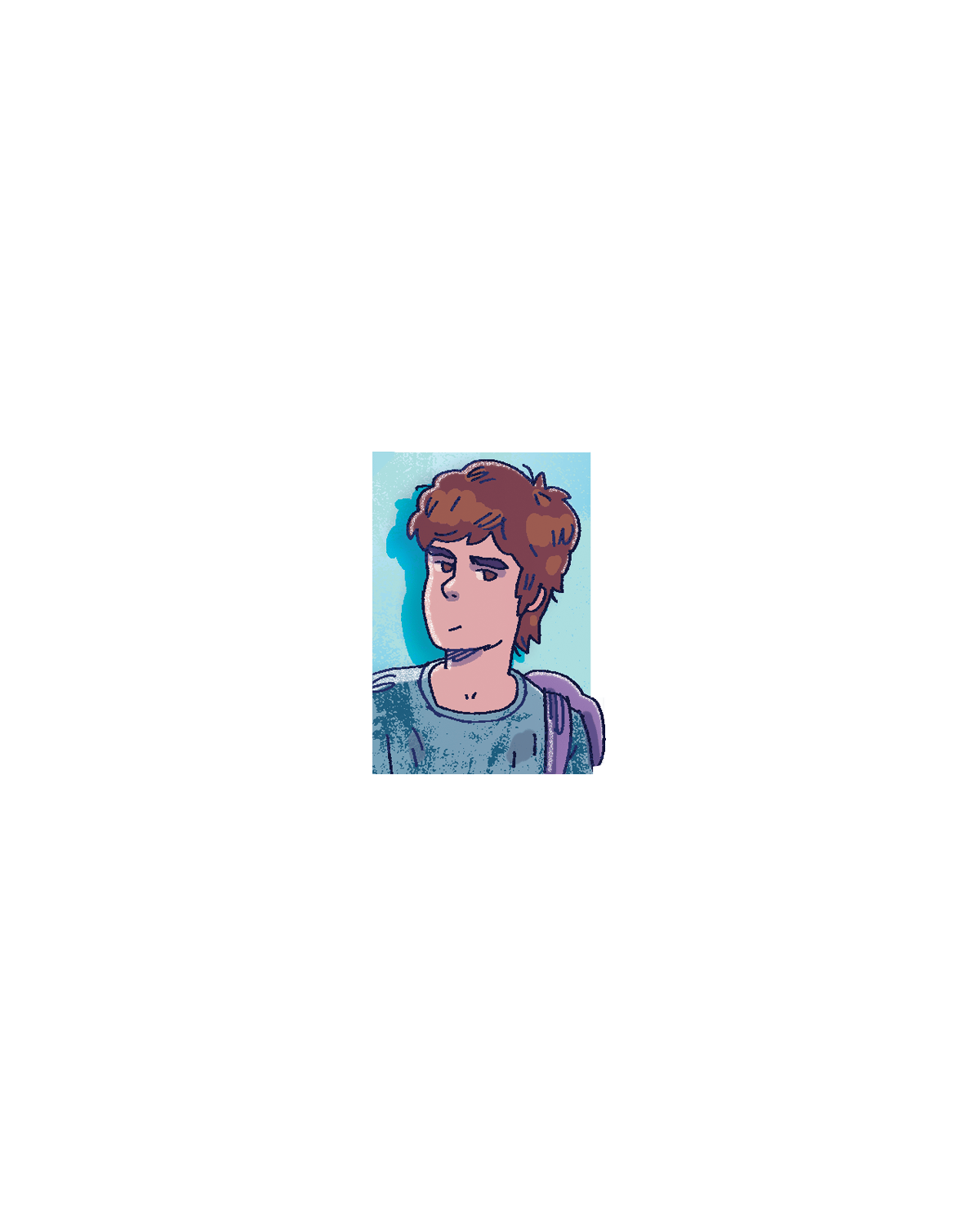 Sami, illustrated with brown wavy hair and a backpack