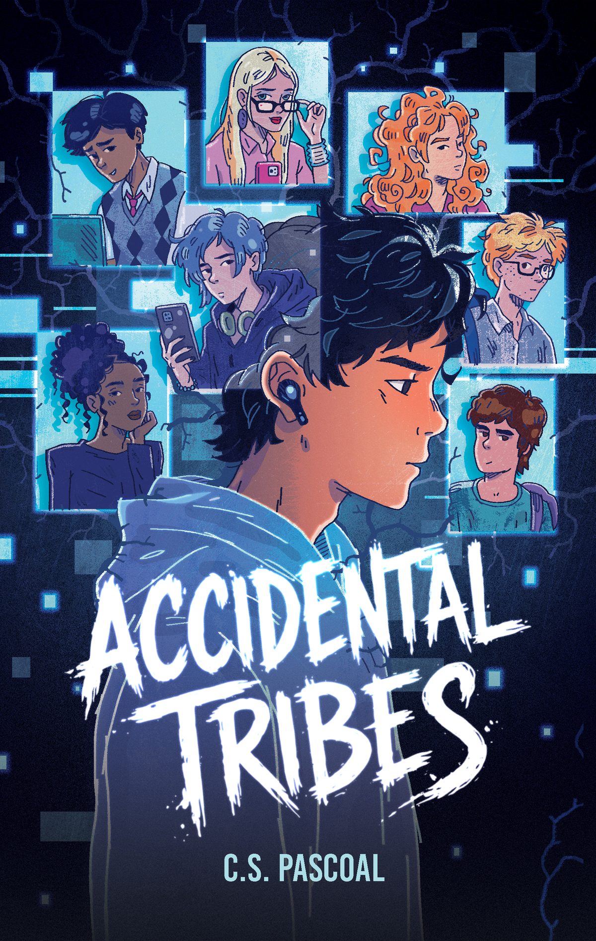Accidental Tribes book cover, illustrated teen with headphones surrounded by portraits of the other seven characters