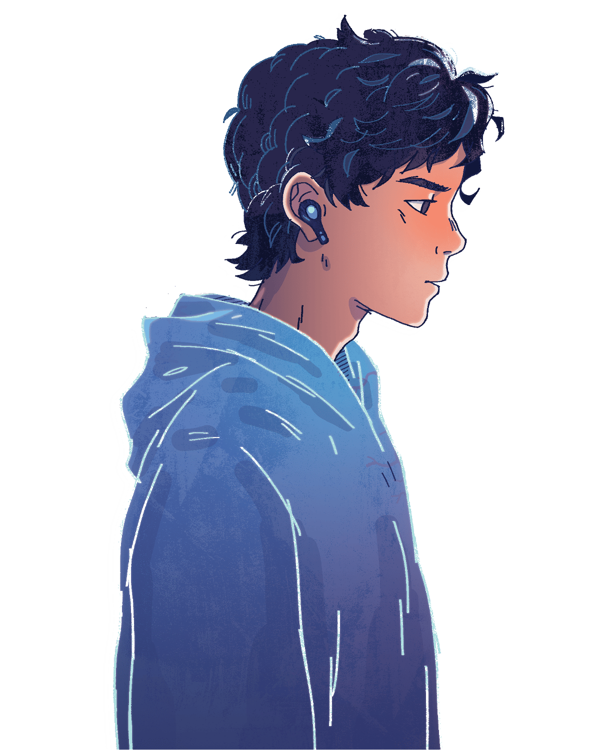 Leo, illustrated in profile wearing a hoodie with an earbud